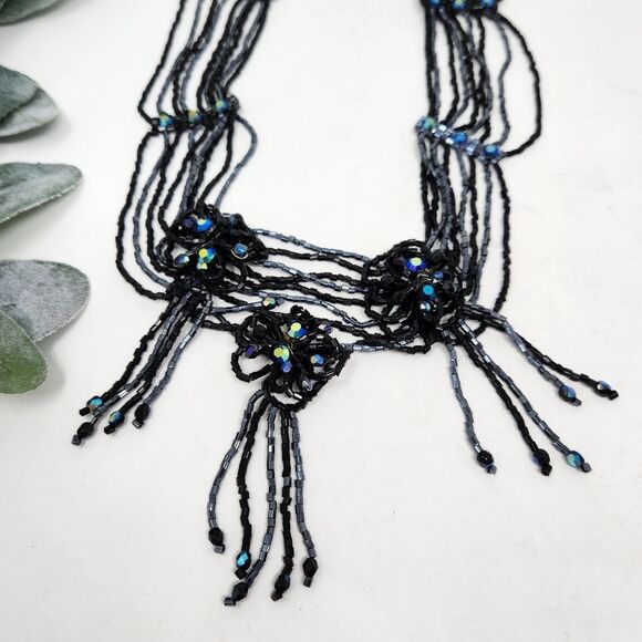 CHICO'S Black AB Seed & Faceted Iridescent Beads Choker Bib Necklace Vintage - Picture 2 of 10